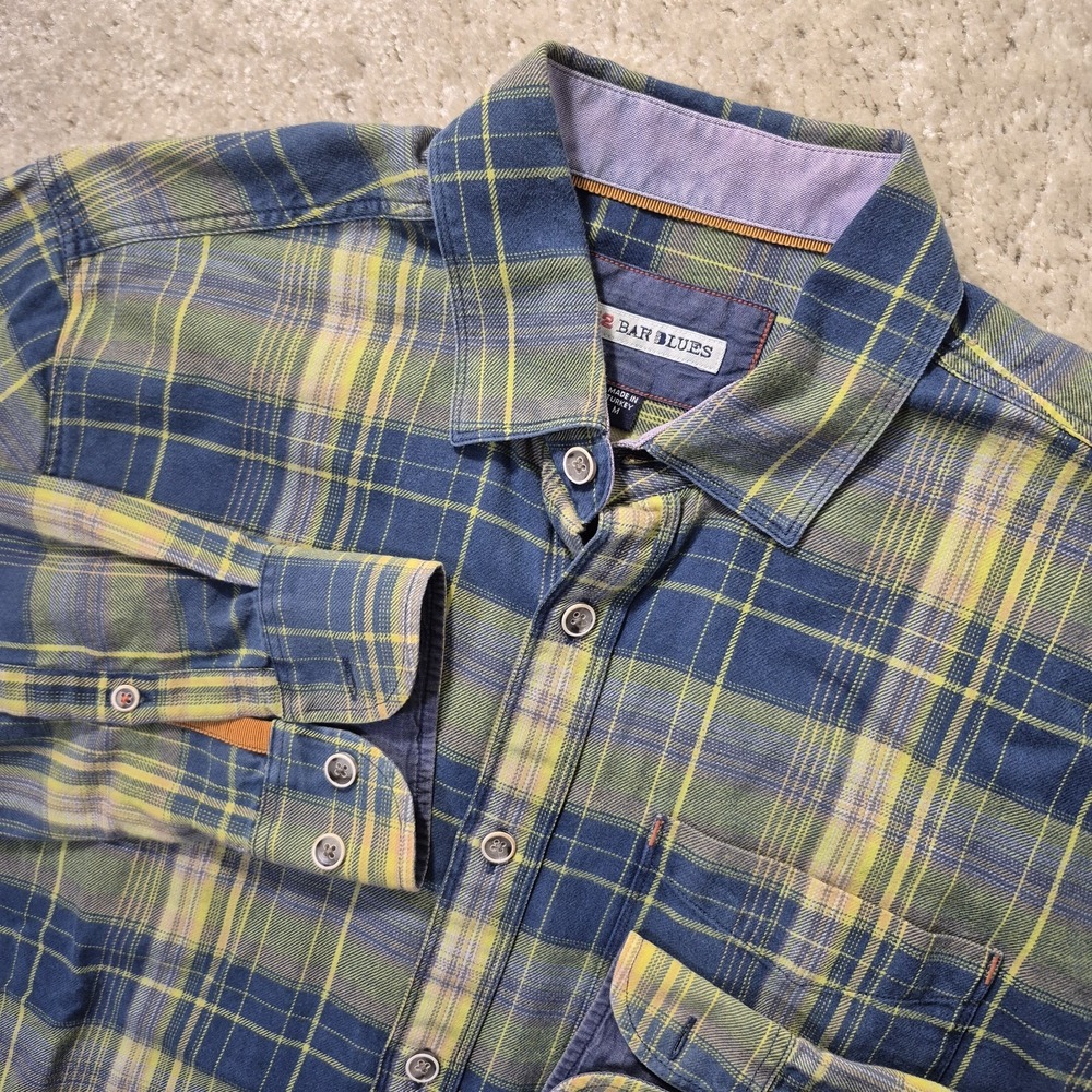 32 Bar Blues Flannel Shirt Mens Medium Blue Plaid Cotton Work Outdoor Comfort